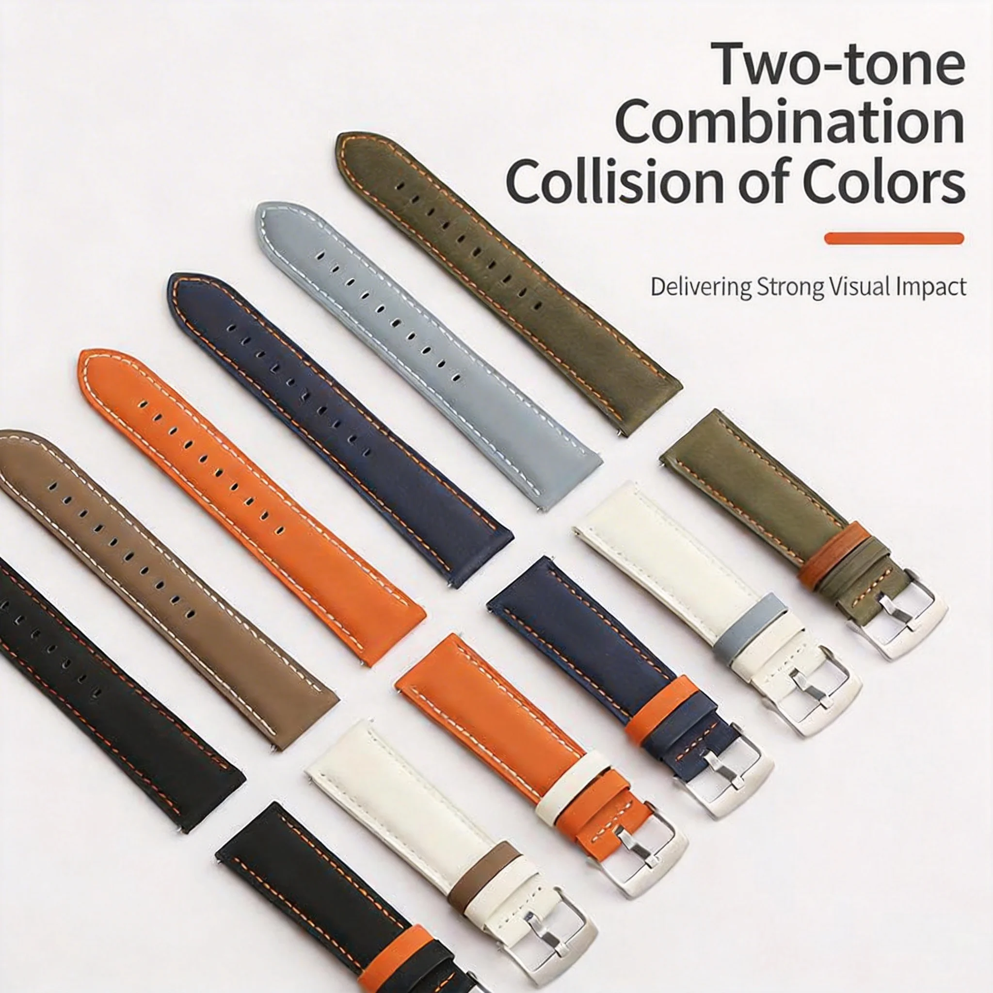 22mm Color Block Genuine Leather Watch Band Quick Release Soft Breathable Replacement Strap Universal Wristband for Men Women