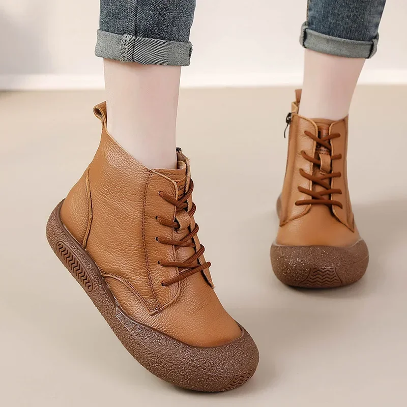 ZXRYXGS 2024 Autumn Cross Strap Side Zipper Genuine Leather Sneakers Boots Trend Shoes Woman Boots Flat Soft Sole Casual Boots