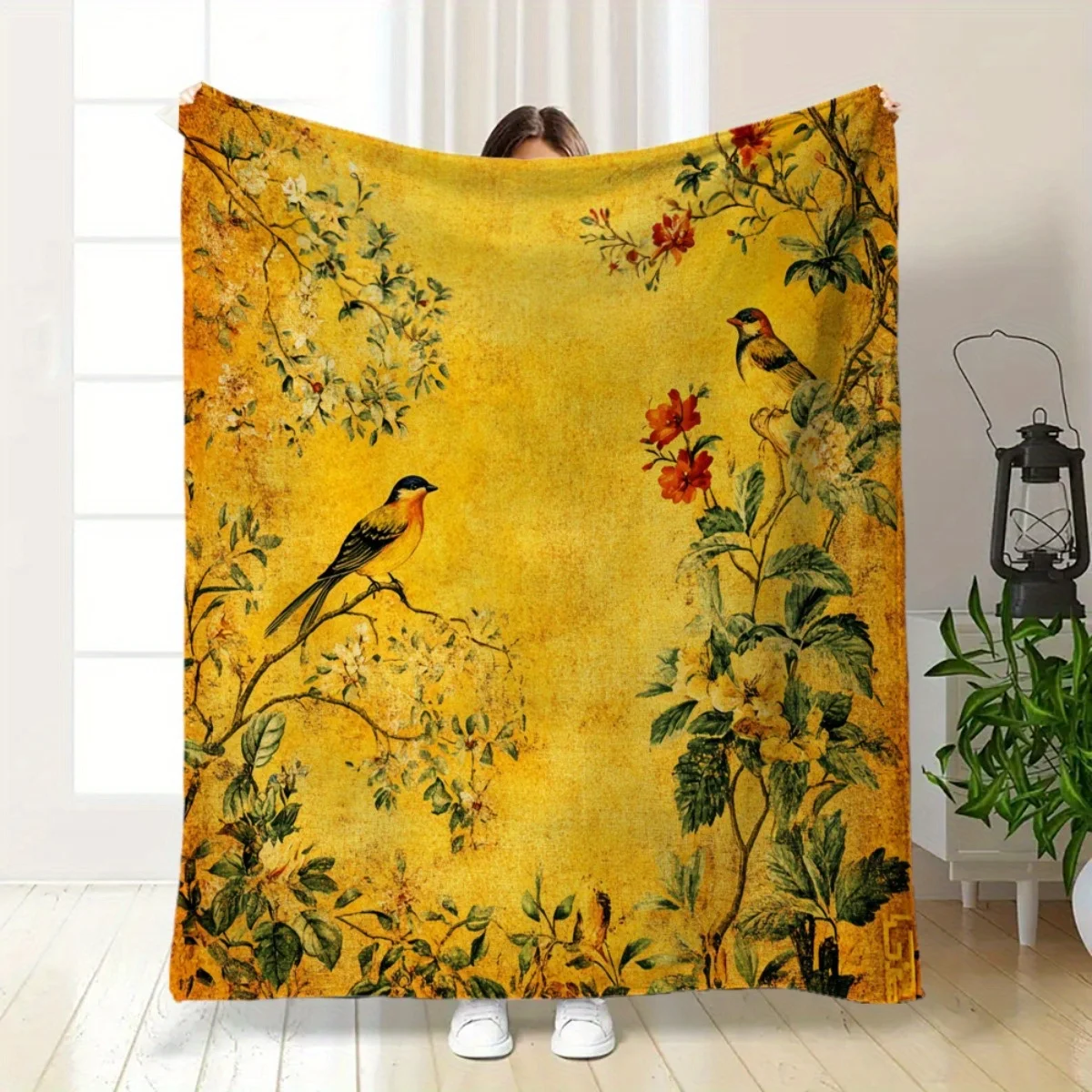 Vintage Bird & Floral Print Cozy Throw Blanket - Soft Flannel , Mustard-Yellow Botanical Design for Sofa, Bed, Camping, Travel