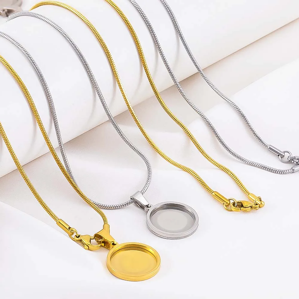 

1 шт., цепочка в виде змеи из нержавеющей стали, круглый кулон, пустая основа, поднос, ободок, пустое ожерелье, подвеска для изготовления ожерелья своими руками, ювелирных изделий