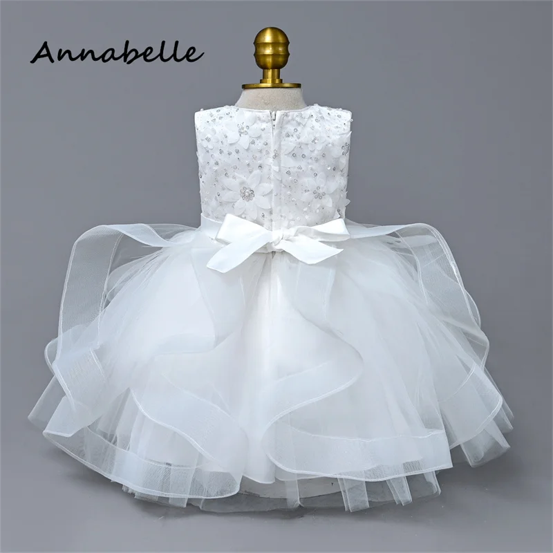 Annabelle Blumen mädchen Kleid geschwollene Spitze Blume Baby Hochzeit Bogen Kleid Priness Mädchen Bogen Geburtstags feier ärmelloses Kleid neu