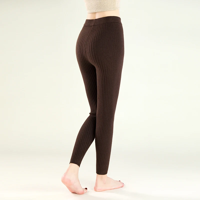 سراويل كاجوال عالية الخصر للنساء في الخريف والشتاء، سراويل ضيقة من الصوف المحبوك بلون سادة ومطاطة دافئة بطول الكاحل