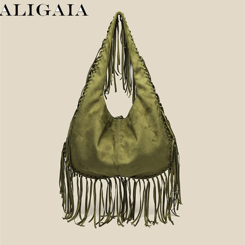 Retro Suede Fringe Tote Bag Large Capacity Women Crescent Hobo Shoulder Bag Casual Drawstring Dumpling Handbag For Travel Daily