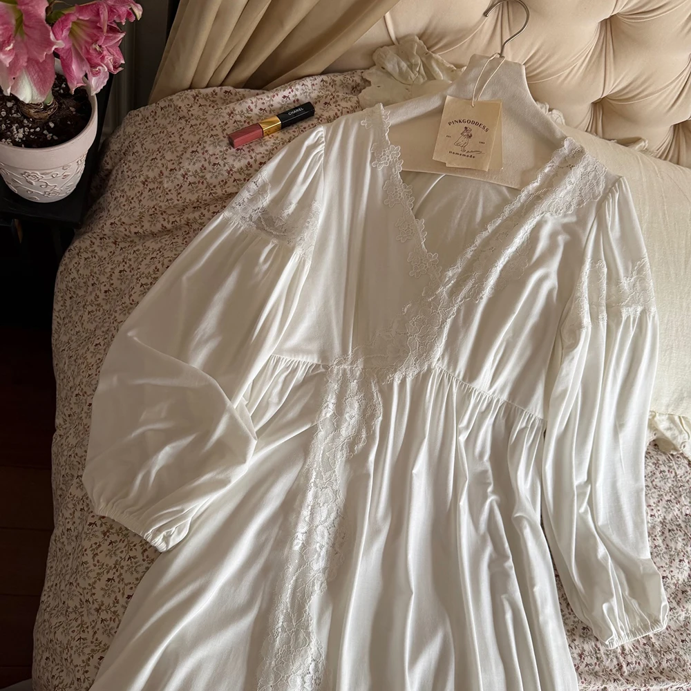 2026 New Modal Cotton Long White Nightgown For Women Elegant Beautiful Morning Gown Long Sleeve Loose Fit Nightdress Loungewear