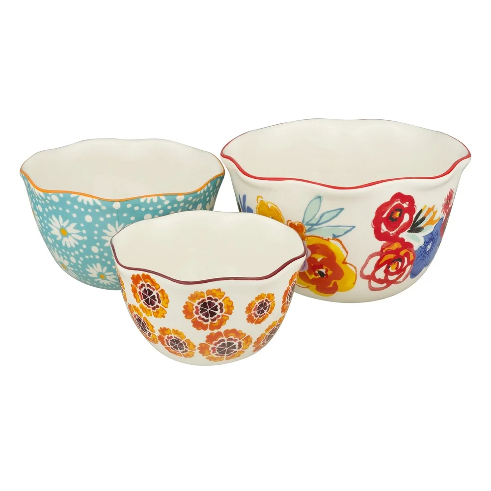 Set Mangkuk Bersarang Bunga Antik 3 Buah Stoneware Tahan Lama Mesin Pencuci Piring Microwave Aman Tepi Bergigi Penyajian Sempurna Hadiah Hebat