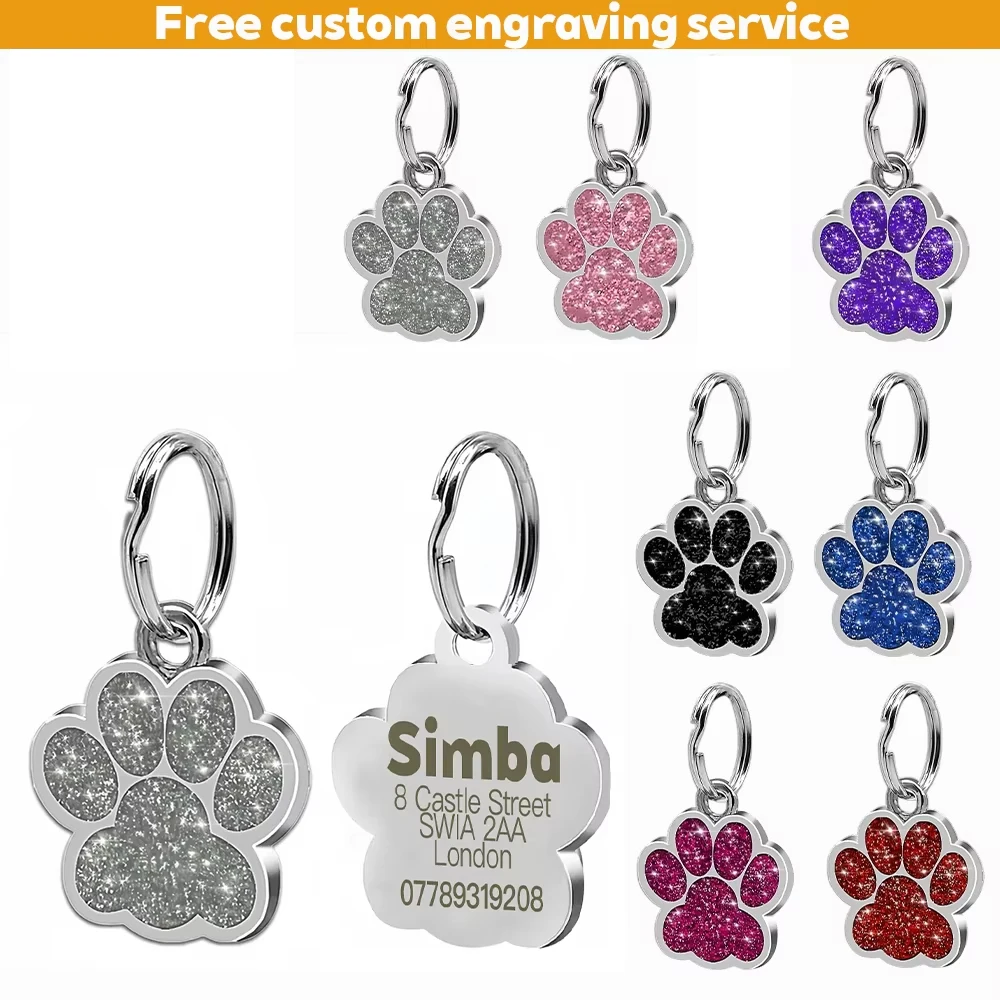 Personalized Pet ID Tag, Free Custom Engraving Glitter Paw Print Dog Cat Name Tag, Alloy Anti-Lost Collar Pendant Pet Accessorie