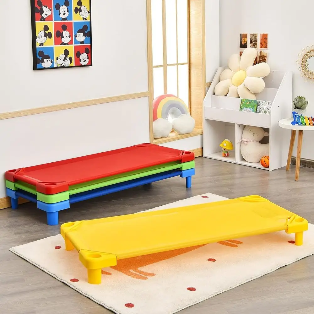 Stackable Kids Nap Cot, Space-Saving Sleep Bed with Liftable Corners, Easy Assembly, Ideal for Preschool and Daycare, 4-Pack Mul