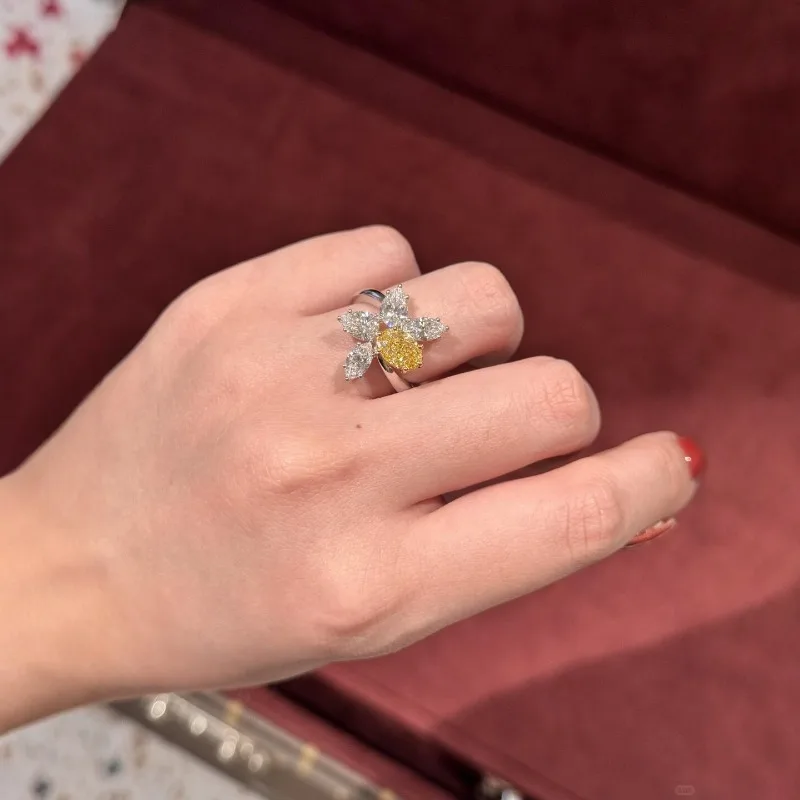 خاتم نسائي أنيق وبسيط على شكل قطرة ماء من الزركون الأصفر والأصفر، قطعة واحدة من الشعر