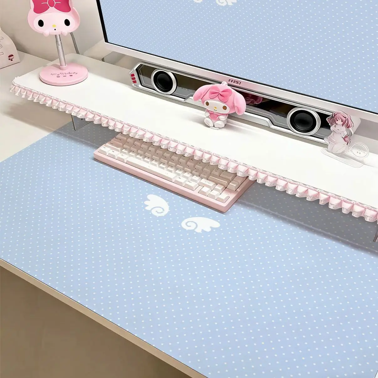 Full Screen Polka Dots Angel Wings Pink Girl Y2K PU Leather Desk Pad Protector Mouse Pad Office Desk Mat Desk Blotter Pad
