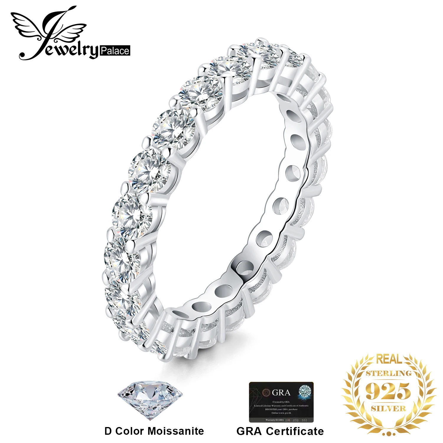 

JewelryPalace Moissanite D Color Total 2.1ct Round Cut 925 Sterling Silver Wedding Band Stackable Ring for Woman Luxury Jewelry