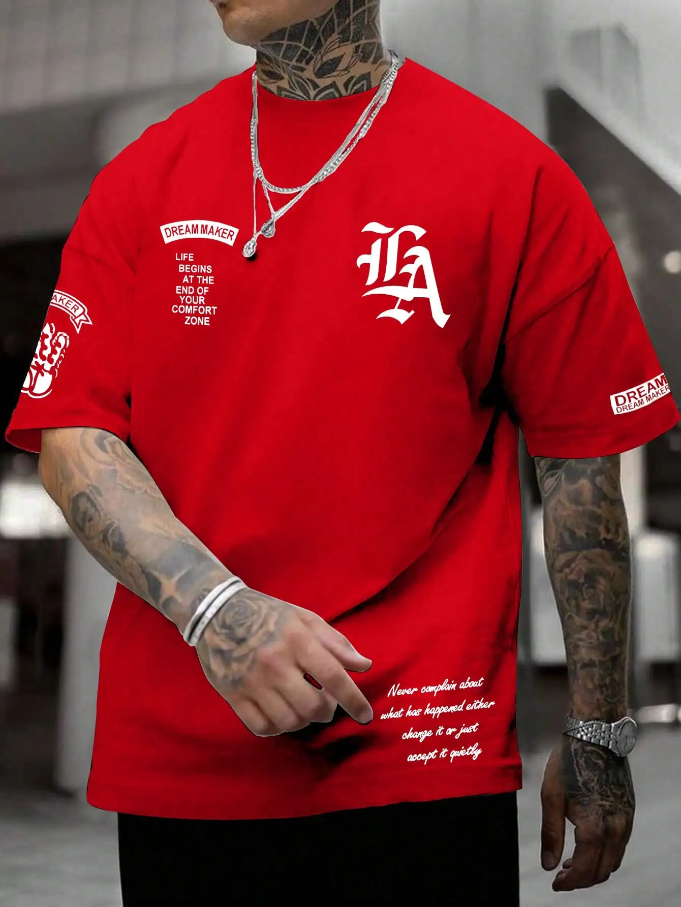 

Red Graphic Slogan Print Loose Fit Round Neck Short Sleeve Casual T-Shirt