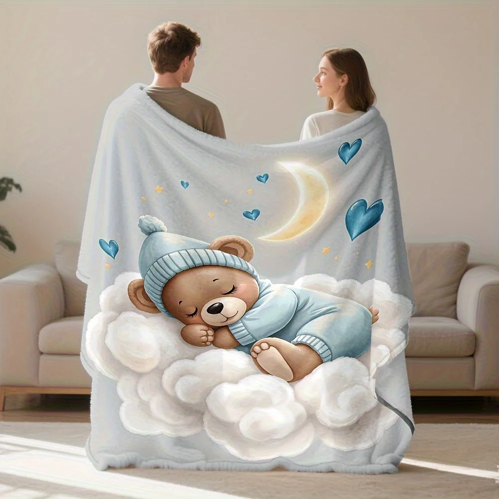 1pc Plush Flannel Blanket - Moon & Clouds with Blue Star & Heart Night Sky Design, All-Season Soft Bedspread, Sofa Bed Cover, Be