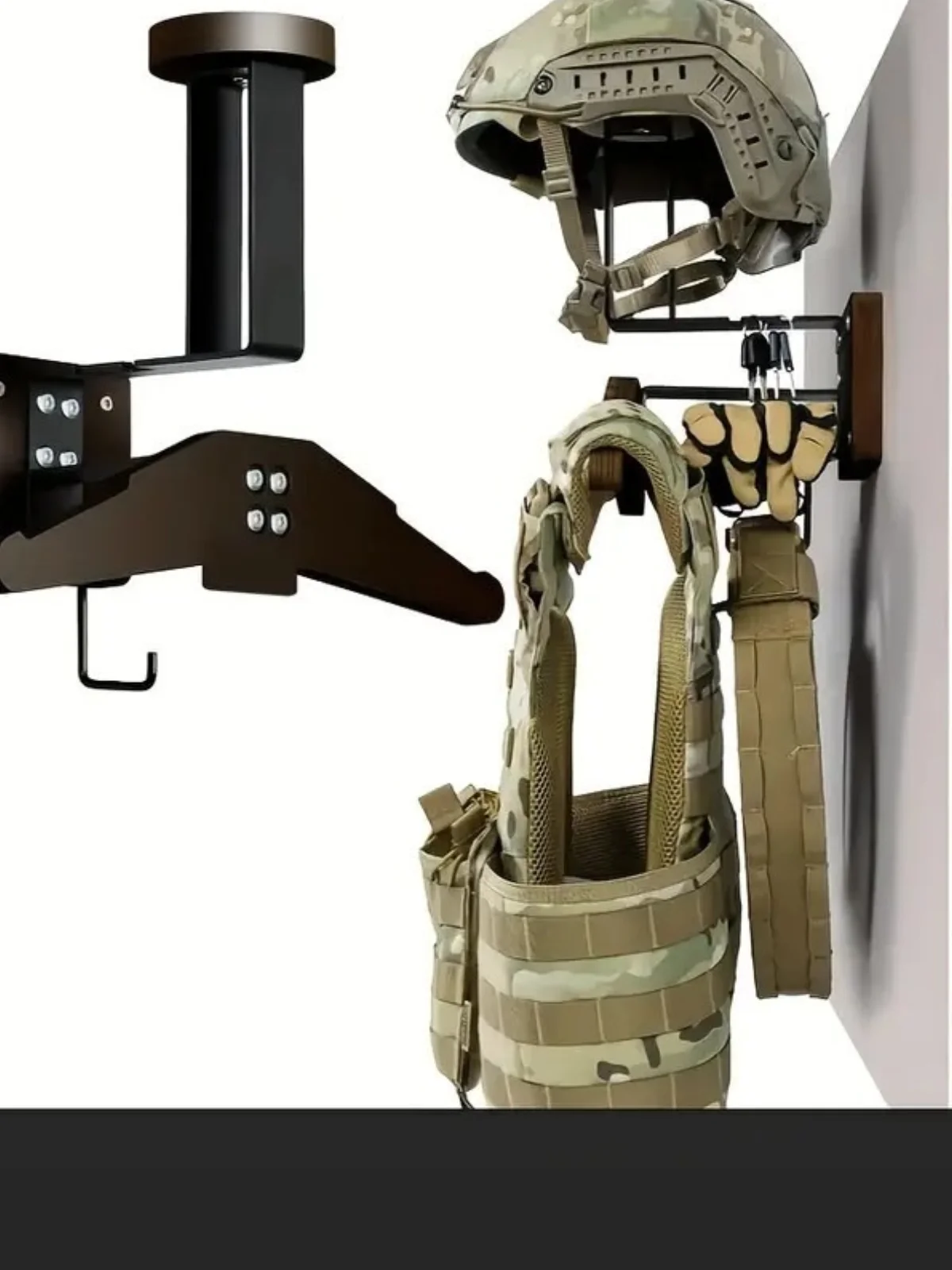 Support mural en acier inoxydable avec support de casque de moto en bois pour casques tactiques, gilets et rangement d'accessoires de moto