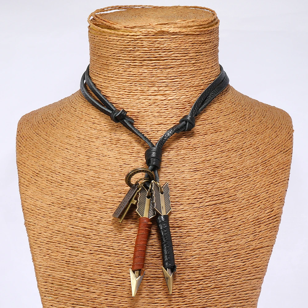 1 piece Handmade leather wrapped double arrow pendant necklace