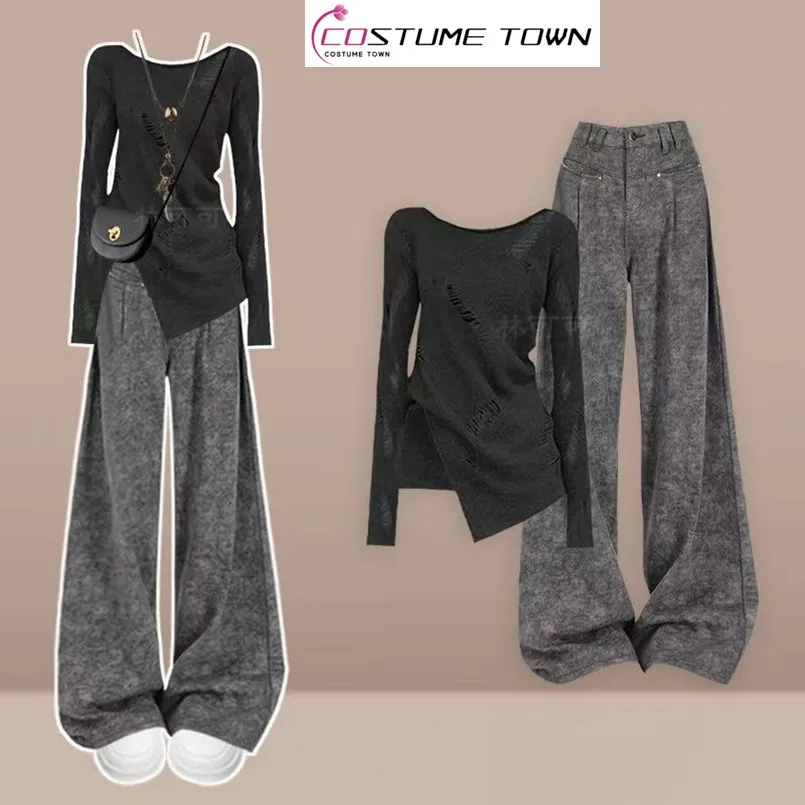 

Fashion Women's Set Spring and Autumn New Style Western Top+Unique Wide Leg Casual Pants Two Piece Set