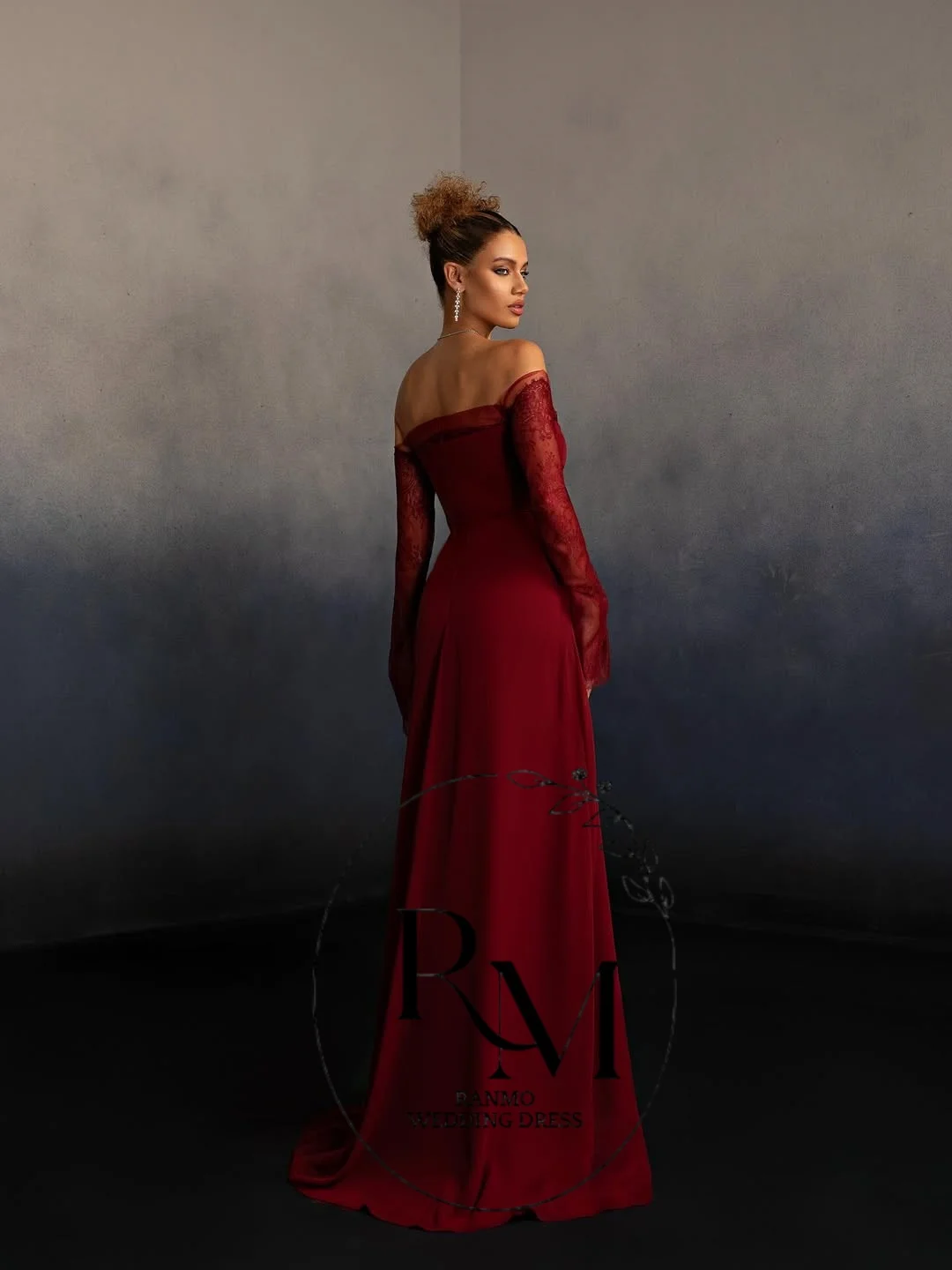 Vestido de noche Ranmo color burdeos estilo sirena con hombros descubiertos, línea A, mangas largas, encaje, vestido de fiesta elegante, personalizado