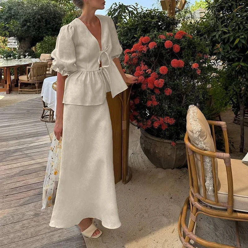 

Women Casual Bubble Sleeve Solid Party Outfits Fashion Hollow Out Commuter 2Pc Suits Sexy V-neck Tie-Up Tops & Halter Skirt Set