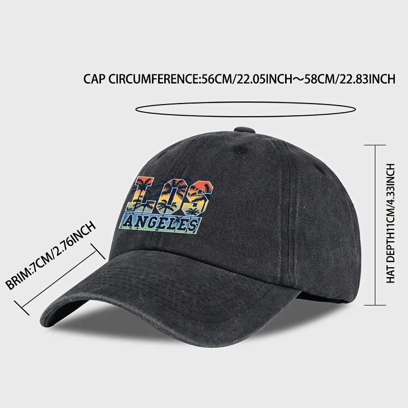 LOS ANGELES Letter-Printed Washed Baseball Cap: A Retro Classic Featuring a Tropical Palm Tree Design. Unisex Style. Comfortable
