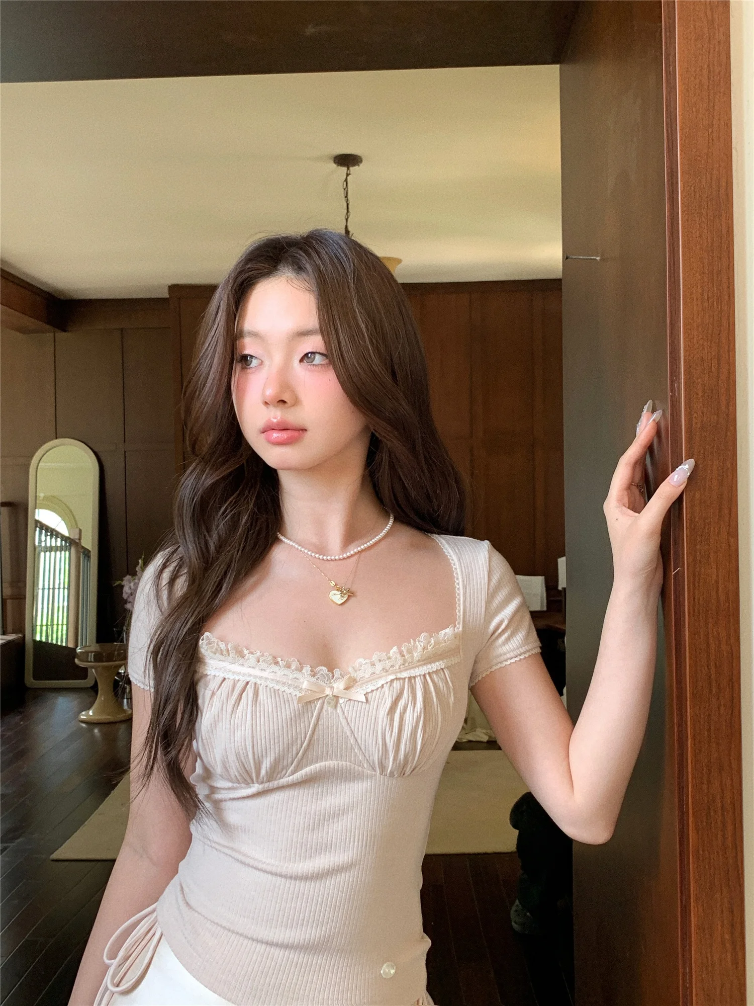 

Футболка Mummy Egg Lang ort Sve, кружевной лоскутный плиссированный летний топ с милым сердечком для женщин, очаровательный Sle