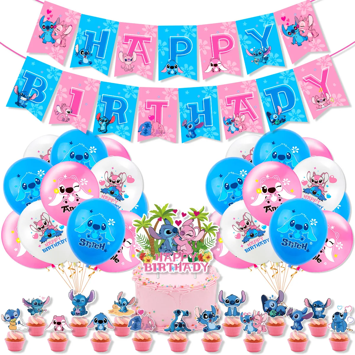 

Disney Stitch Birthday Party Balloon Set Decoration Baby Shower Cake Topper Hawaiian Angel Backgdrop Home Decor Event Supply