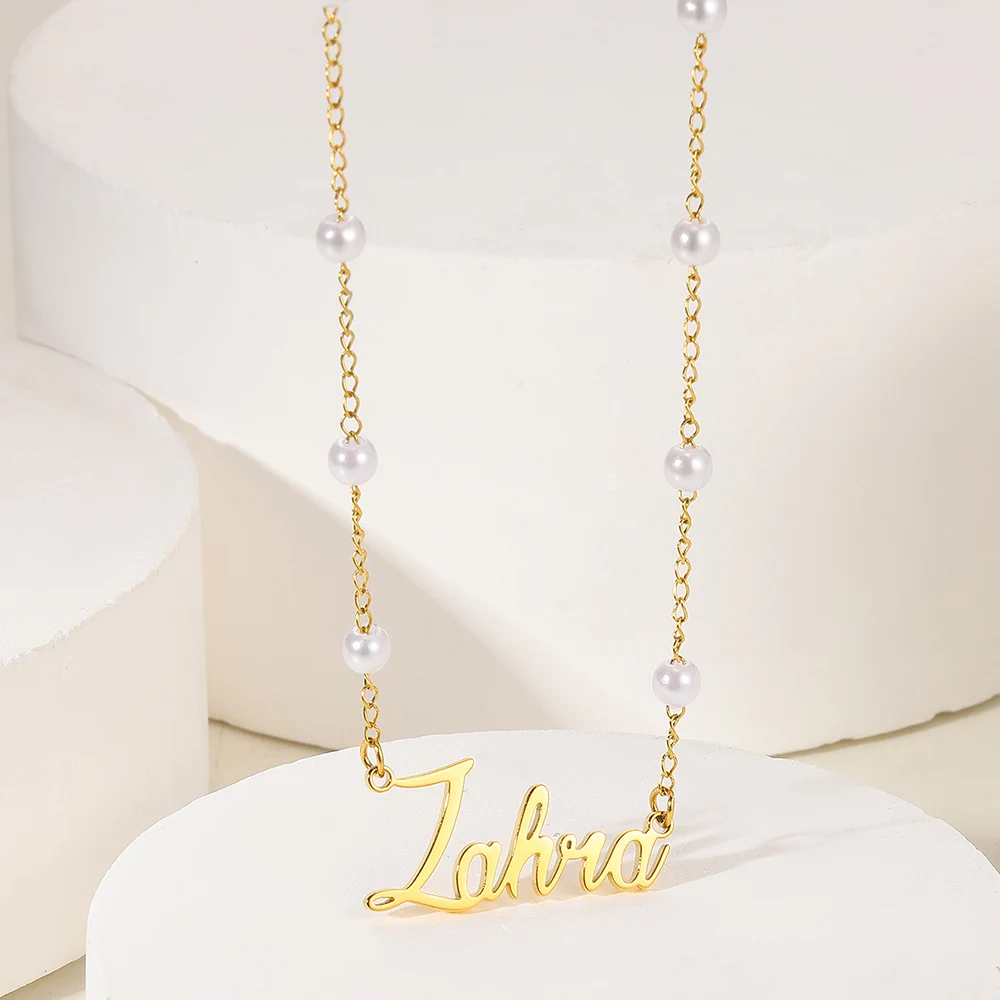 1 Pcs Custom Name Choker Nameplate Pendant Artificial Pearl Chain Necklace For Women Personalized Stainless steel Jewelry Gift