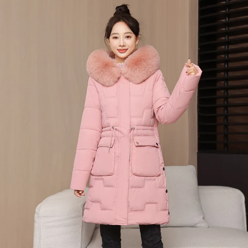 

Women's Winter Parka Jacket Solid Color Faux Fur Trimmed Hood Quilted Coat For Female Long Stylish Waist-cinching Lady's Coats