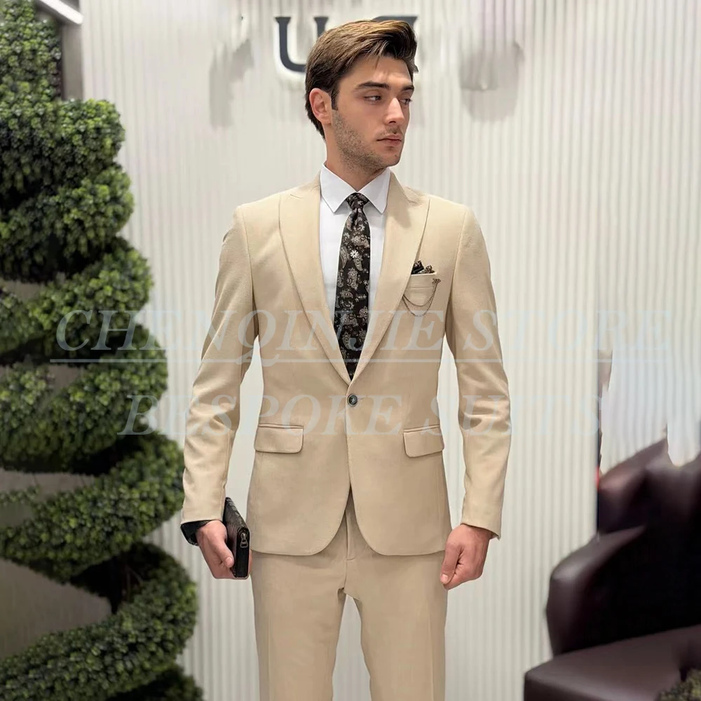 

Customized Solid Color Men's Suits Luxury Elegant One-Button Peak Lapel Slim Fit 2 Piece Jacket Pants Full Sets Costume Homme