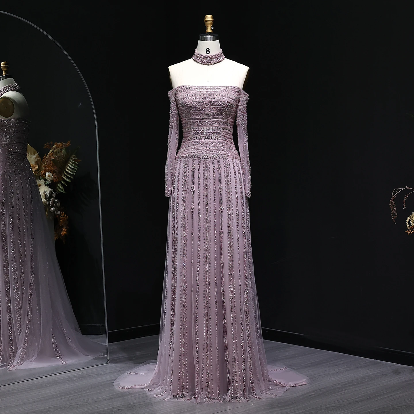 

Sharon Said Heavy Beaded Elegant Off Shoulder Pink Evening Dress with Choker Long Sleeves Luxury Dubai Wedding SS178 Customized