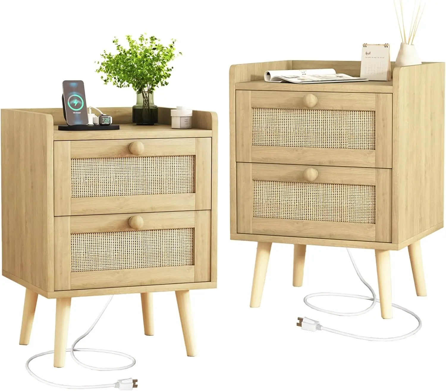 

Rattan Nightstand with Charging Station Set of 2, Mid Century Modern Bedside Side Table with 2 Drawers, Boho End Table with Wood