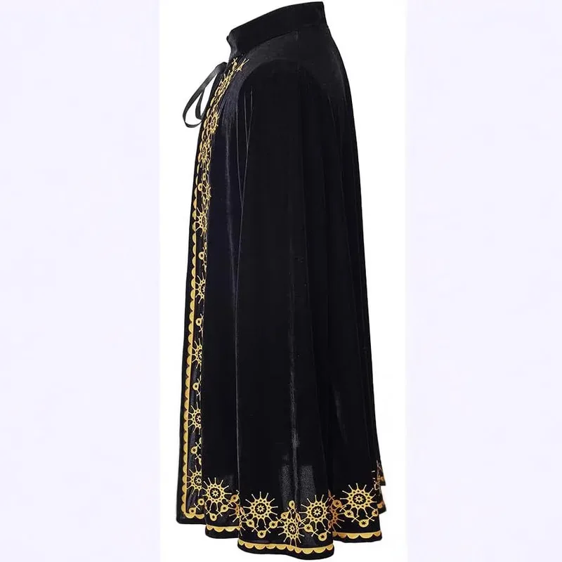 2025년 11월 18세기 검정 벨벳 골드 트림 할로윈 망토 의상 중세 왕자 왕 케이프 (남성용)