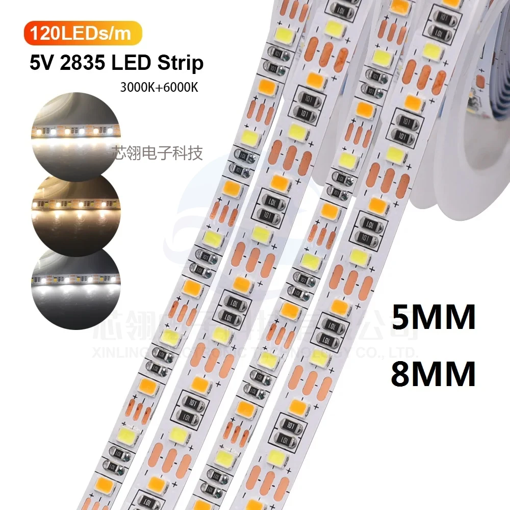 Dual-Color Temperature Adjustable Color Light, 5mm, 8mm Narrow Version, 5V Light Strip, LED Self-Adhesive Soft Light Strip