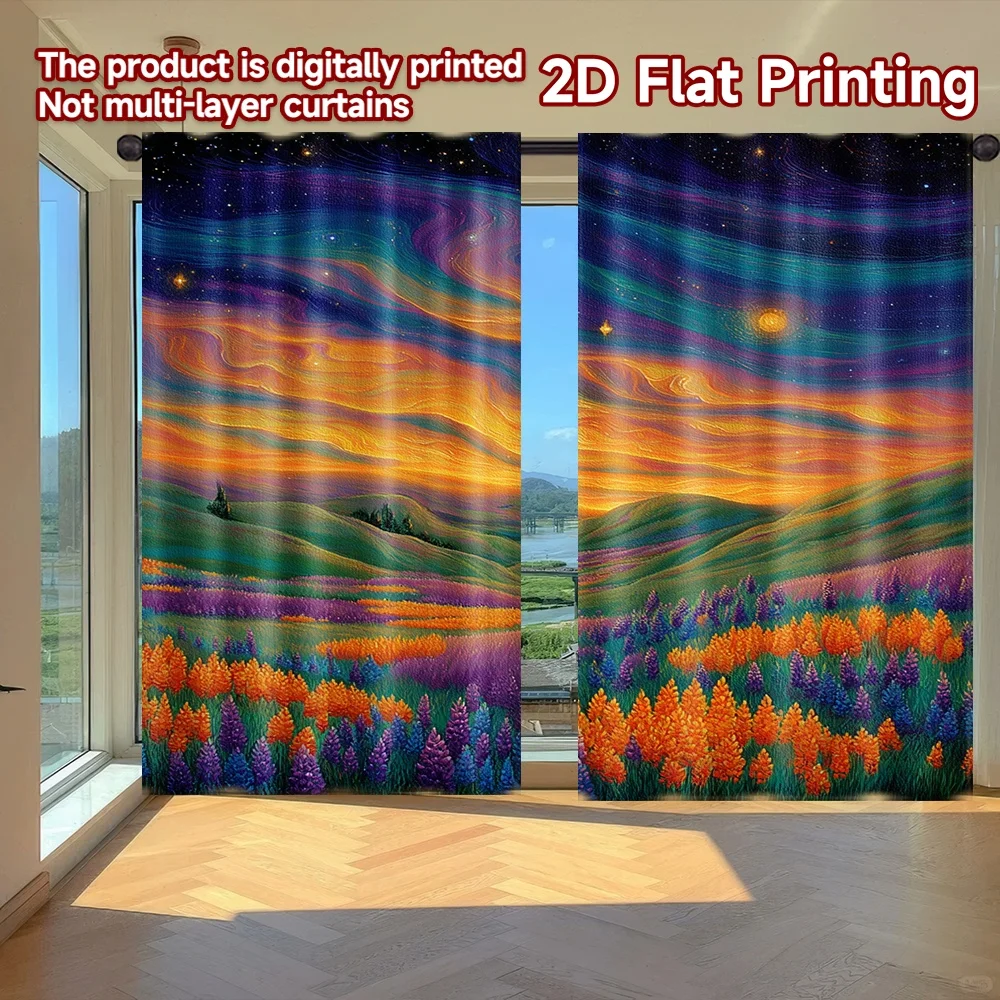 2D FLAT PRINTING 2pcs Curtains (Without Rod) Galaxy View with Cat Ramadan Festival Chic Print Curtains Semi-Sheer Curtains