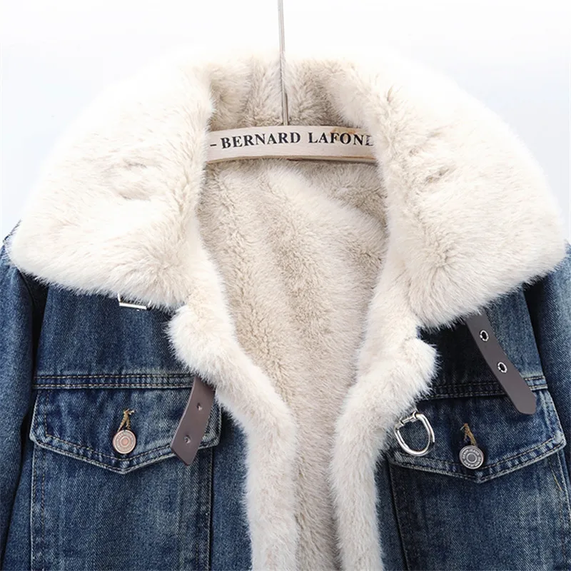 

Winter Women Thick Faux Rabbit Fur Liner Denim Jacket Vintage Solid Color Cowboy Outerwear Casual Loose Short Jeans Jackets Coat