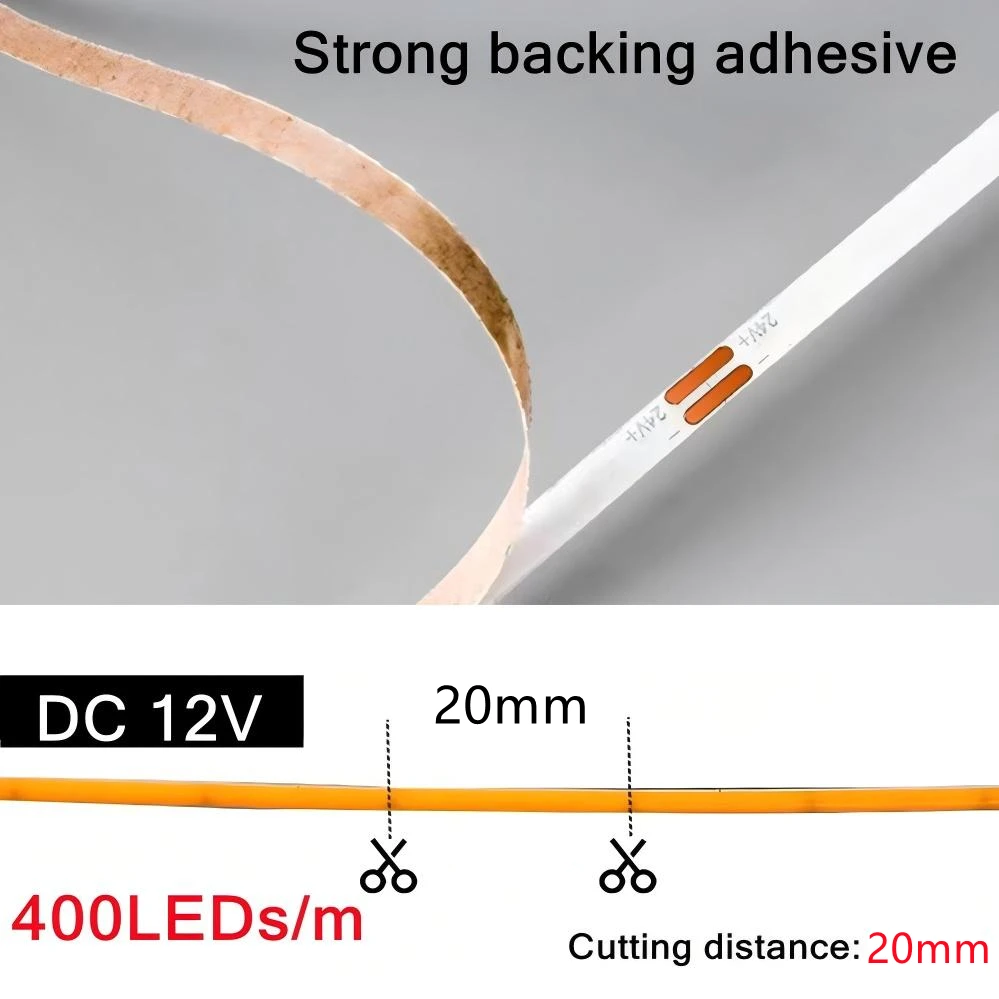 12V 3mm Width Ultra Thin COB LED Light Strip Colorful Dimmable High Density Flexible Light 400LEDs for DIY TV Home Decor Lamp