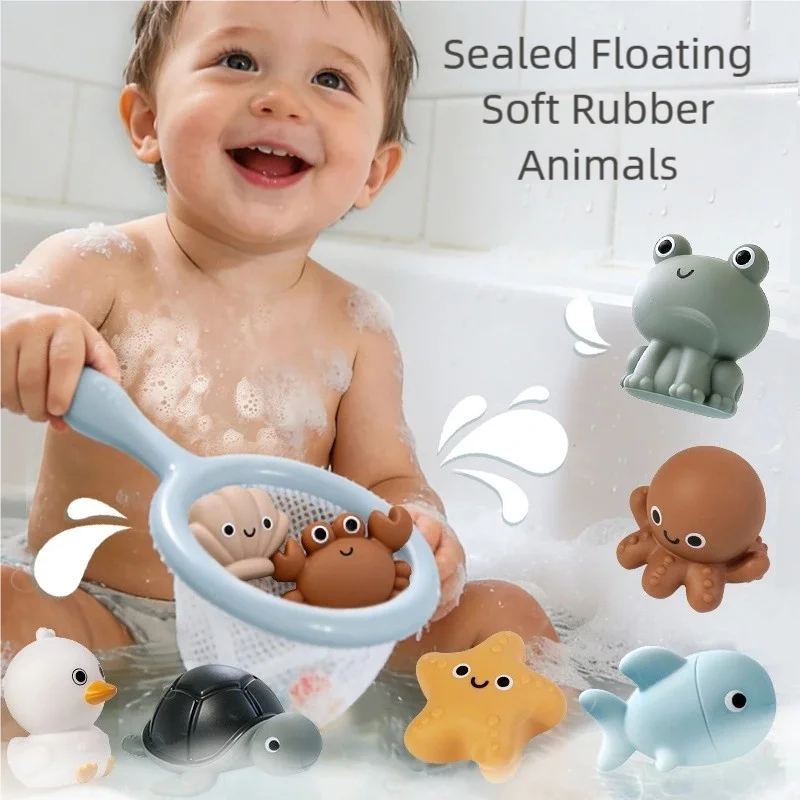 Baby Bath Toys, Floating Ocean Animals with Fishing Net, Waterproof Soft Rubber Sensory Bathtub Toy for Toddler Gift