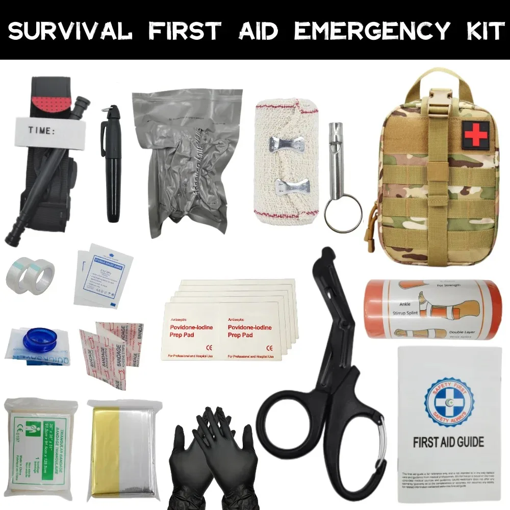 Camping Outdoor Survival Equipment Molle Bag 16pcs Emergency IFAK First Aid Kit Tourniquet Bandage Survival blanket Supplies