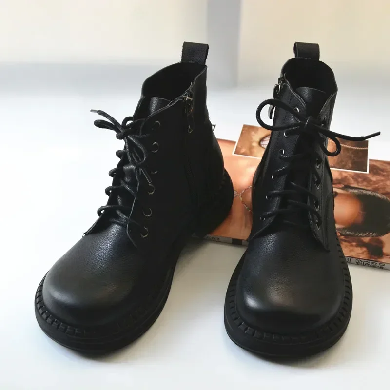 Retro literary soft women boots genuine leather rubbing literary looseness wide toe fat feet  booties big nose