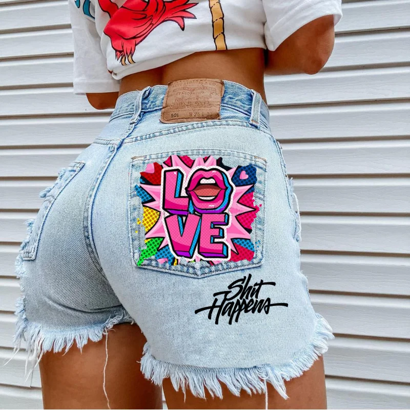 Women's Summer Printed Denim Shorts Tattered Vacation Style Fashionable New Arrival
