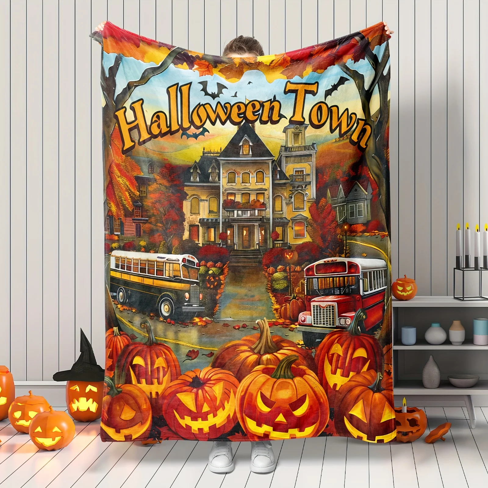 

Фланелевое одеяло «Город Хэллоуина» Современный цифровой принт с тыквой, замком и грузовиком — мягкий вязаный полиэстер