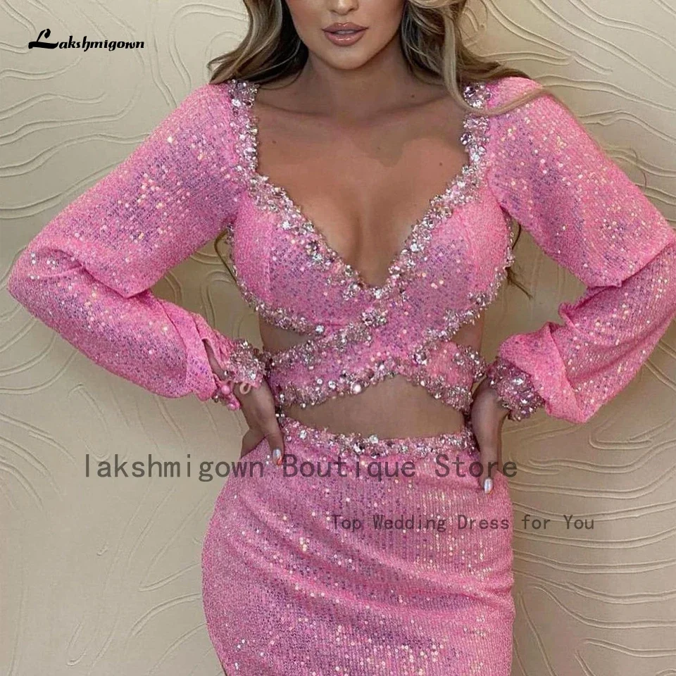 Lakshmigown Luxury Pink Sequin Puffy Long Sleeve Evening Gowns 2025 Crystal Beading Chrismas Dress Arabic Women Prom Dresses