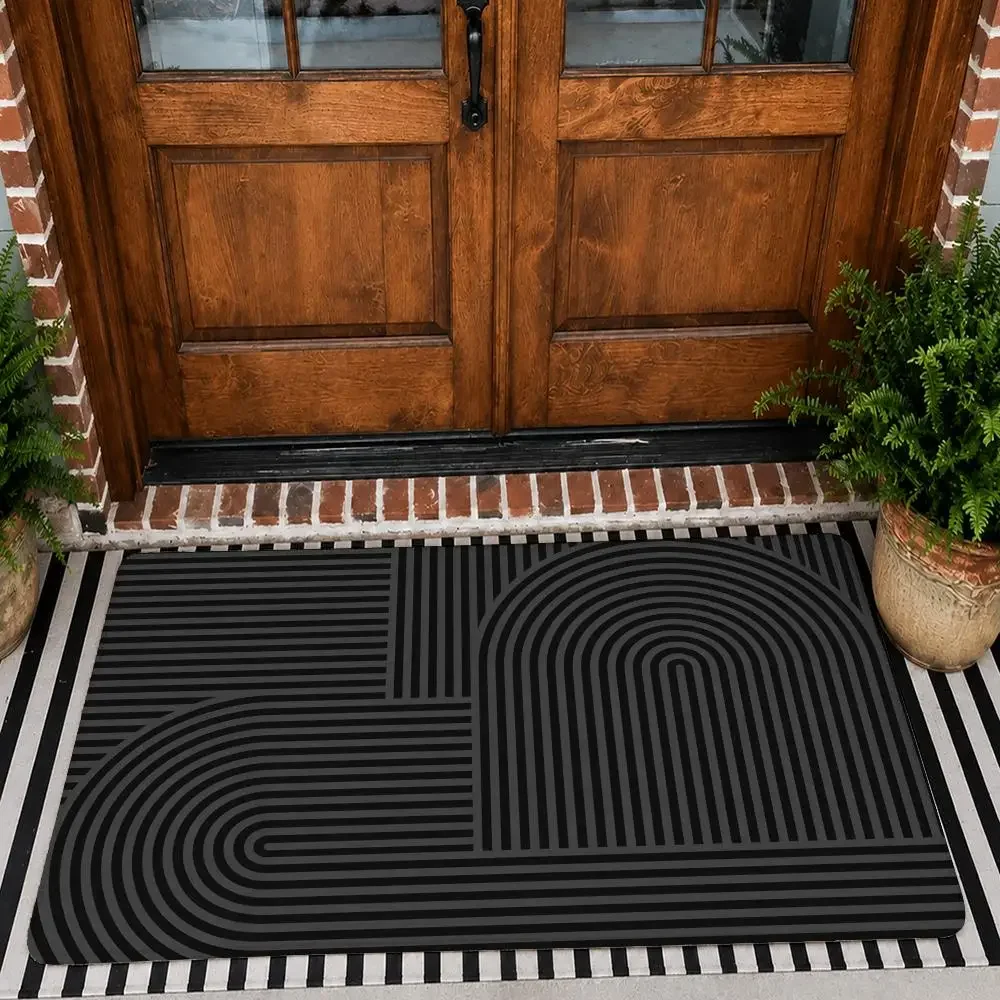 Curved Linear Geometric Floor Mat Flannel Rug Non Slip Absorbent Soft Washable For Entryway Hallway Bathroom Kitchen Decor
