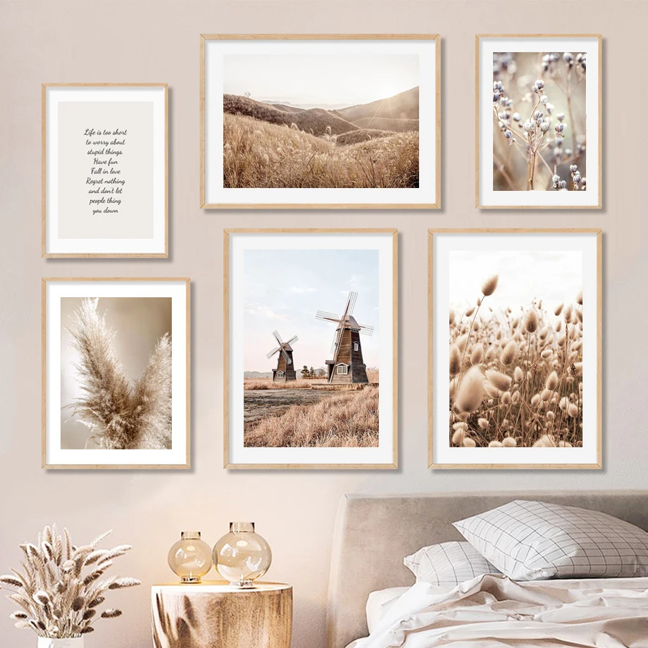 Beige Dandelion Reed Pampas Grass Poster Cow Natural Landscape Boho Wall Art Canvas Painting Pictures Bedroom Nordic Home Decor