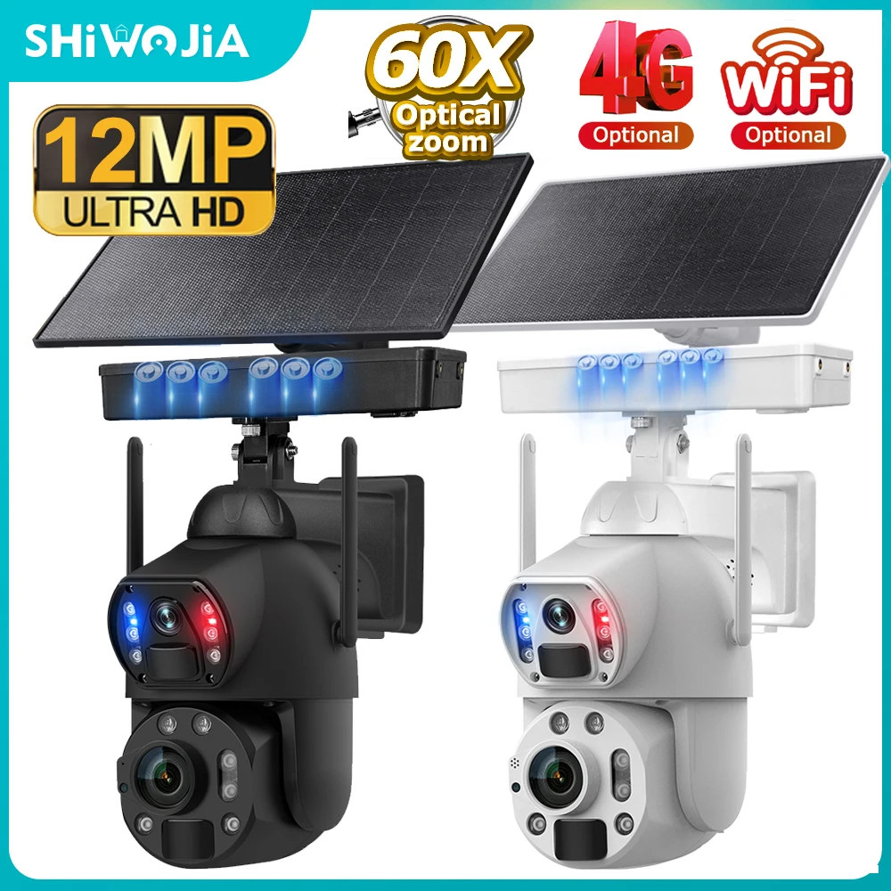 

Уличная камера SHIWOJIA 6K 12 МП с 60-кратным зумом, солнечная, 4G, с двумя объективами, двумя экранами, обнаружением человека, автоматическим отслеживанием, с солнечной панелью 10 Вт