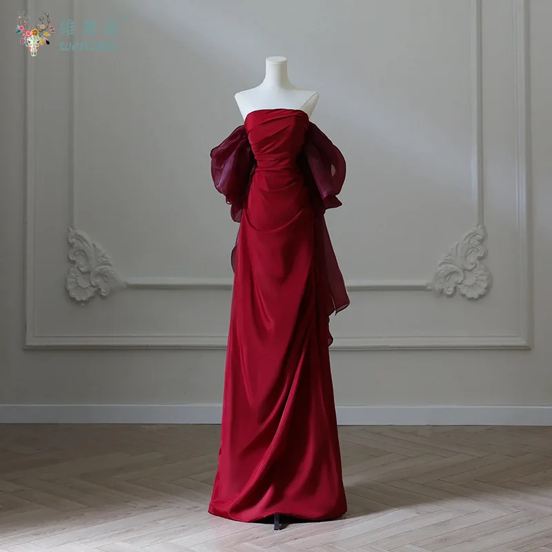 

Fashion Gauze Big Bow Sleeves Formal Evening Dresses Red Elegant Strapless Backless Floor-Length Bridal Engagement Dress