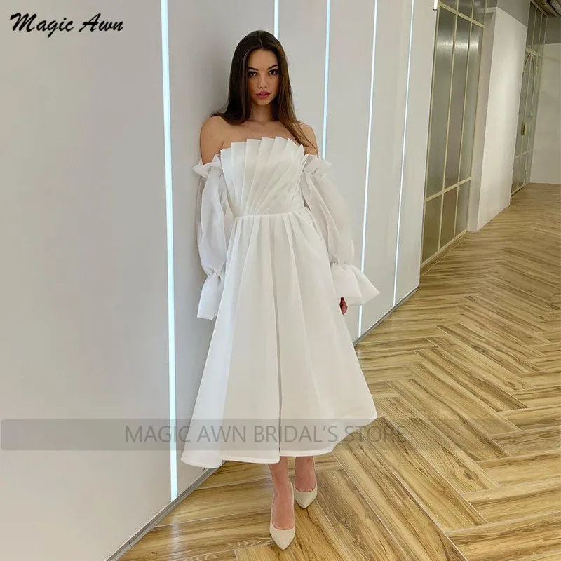 Magic Awn Boho Organza suknie ślubne Off The Shoulder Puffy długi rękaw sznurowane powrót Tea-Length suknie ślubne dla kobiet Vestido