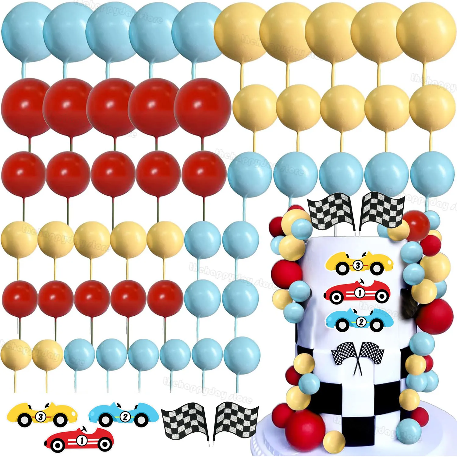 1Set Race Car Birthday Cake Decorations Red Yellow Blue Balls Cake Toppers for Racing Car Birthday Boys Girls Baby Shower Decor
