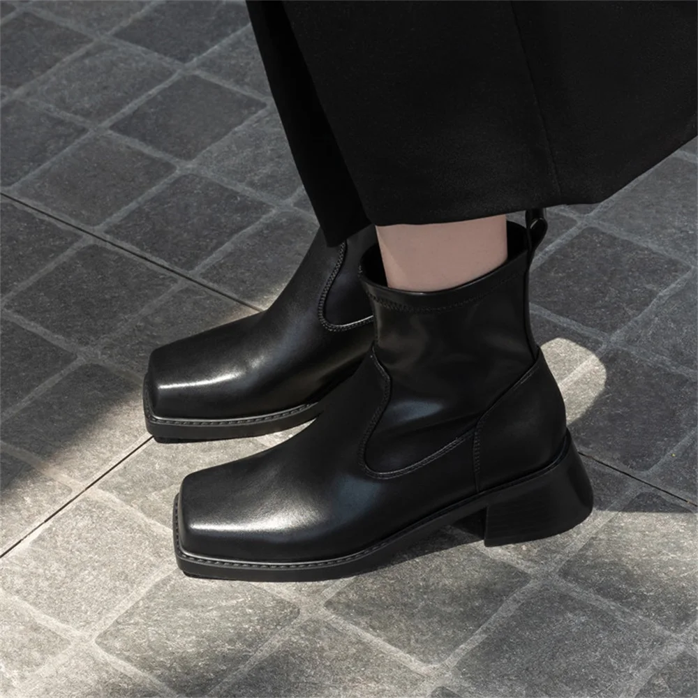 Taoffen Fashion Square Toe Women Ankle Boots Slip On Block Heel Short Boots Female Solid Color Office Dress Boots 2024 New Trend