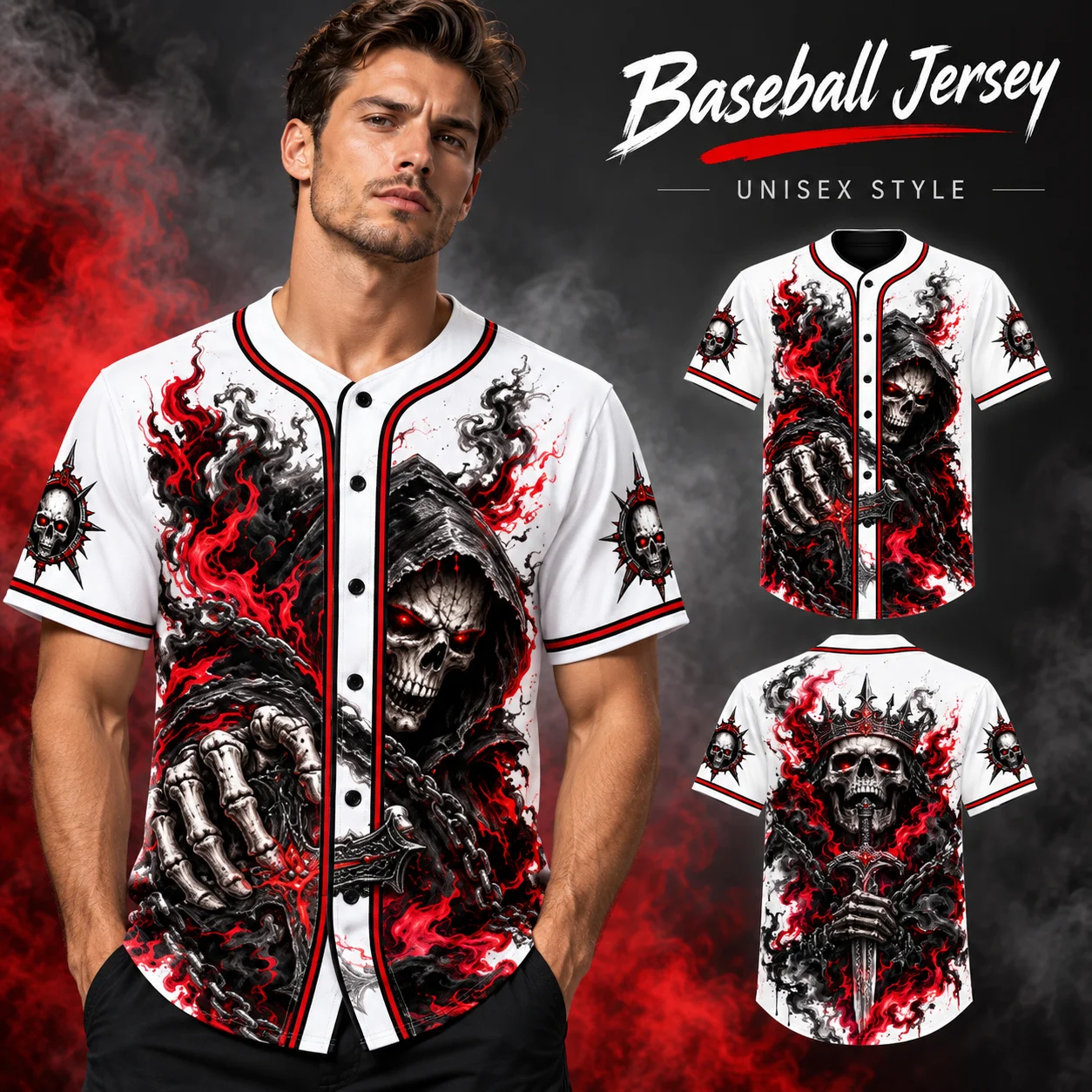 Gothic Skull Baseball Man Shirts 3D Red Flame Print Short Sleeve Button Down Jersey Halloween Horror Streetwear Cosplay Party