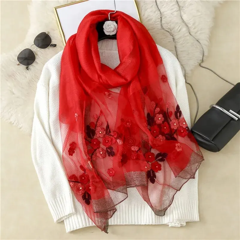 Fashion Organza Silk Scarf With Embroidered Shawl Women Pearl Hijab Elegant Long Scarves Summer Solid Color Headscarf 180*70cm