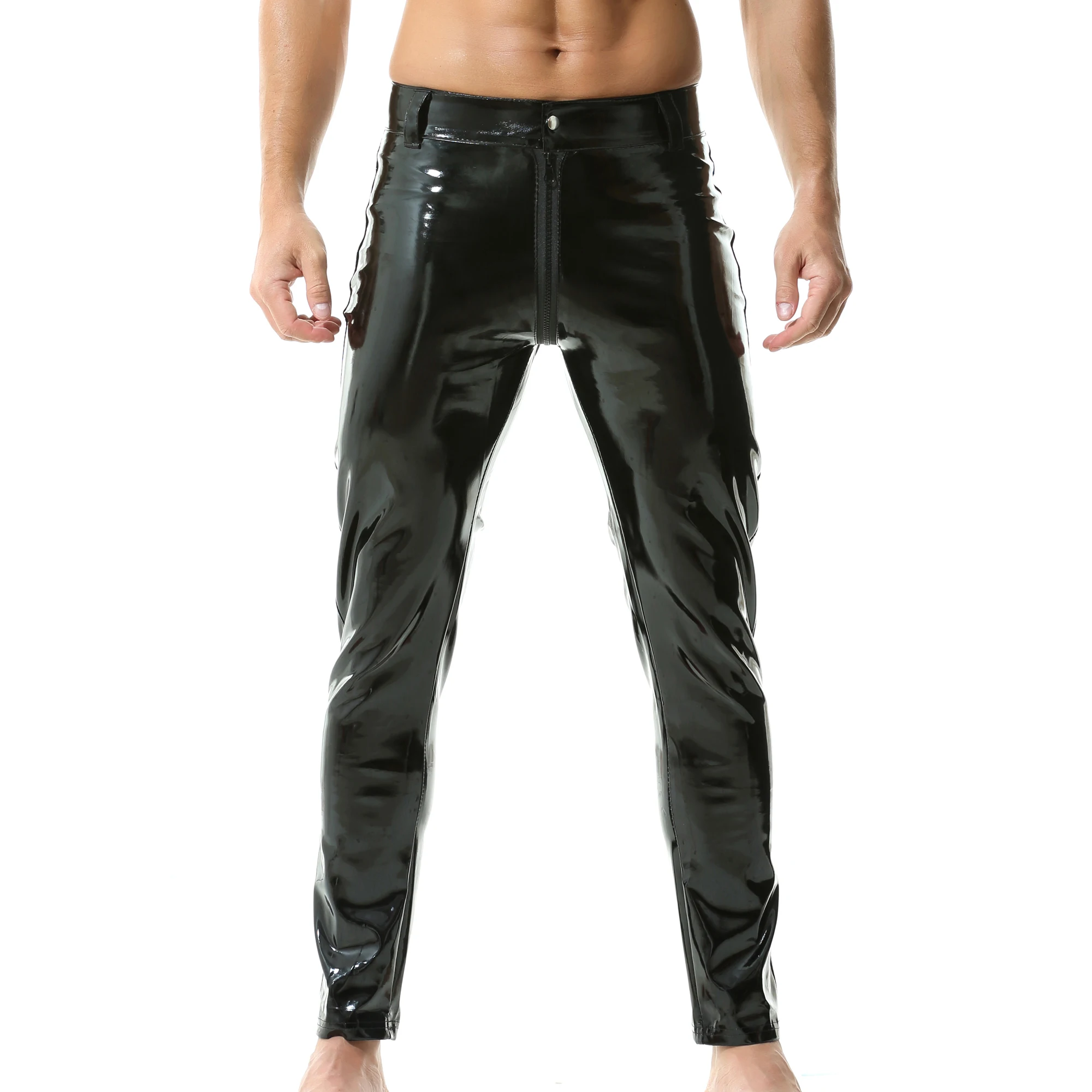 Men's Glossy PU Leather Pants Zipper Crotch Black Shiny Wet Look PVC Latex Straight Trousers Motor Biker Male Dance Clubwear